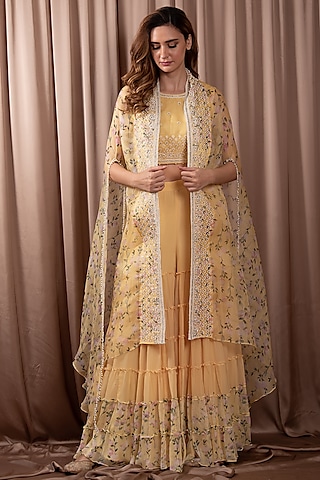 Yellow Chiffon & Organza Sharara Set by Vara By Vibha & Priti