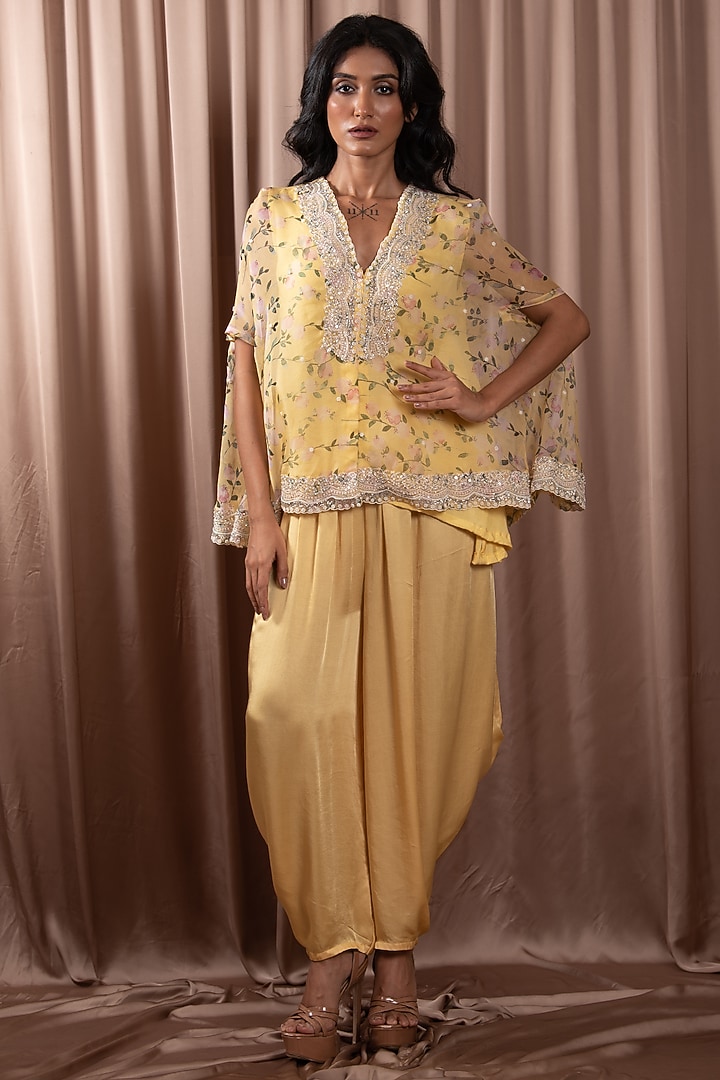 Yellow Organza Hand Embroidered & Printed Tunic Set by Vara By Vibha & Priti at Pernia's Pop Up Shop