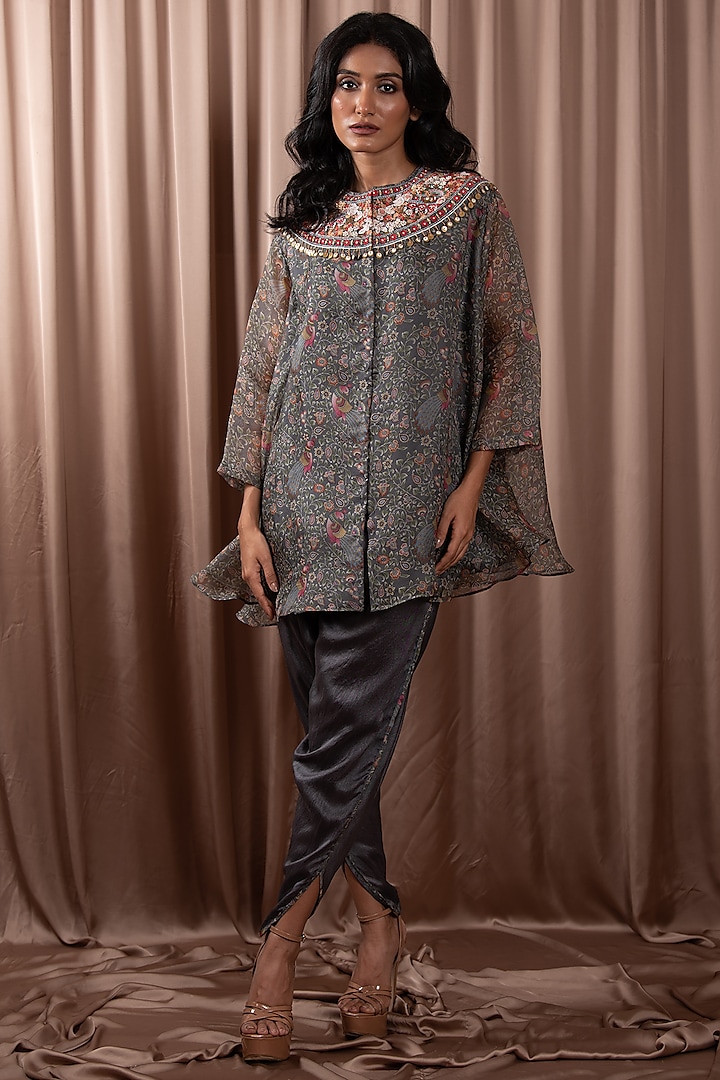 Grey Silk & Organza Printed Tunic Set by Vara By Vibha & Priti at Pernia's Pop Up Shop