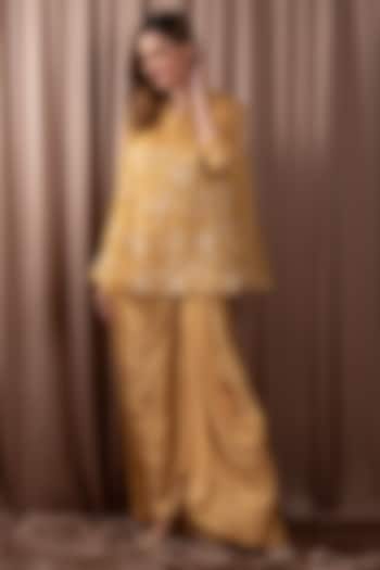 Yellow Satin Modal & Organza Hand Embroidered Tunic Set by Vara By Vibha & Priti at Pernia's Pop Up Shop