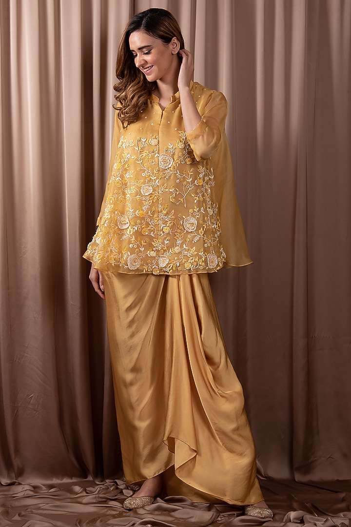 Yellow Satin Modal & Organza Hand Embroidered Tunic Set by Vara By Vibha & Priti at Pernia's Pop Up Shop
