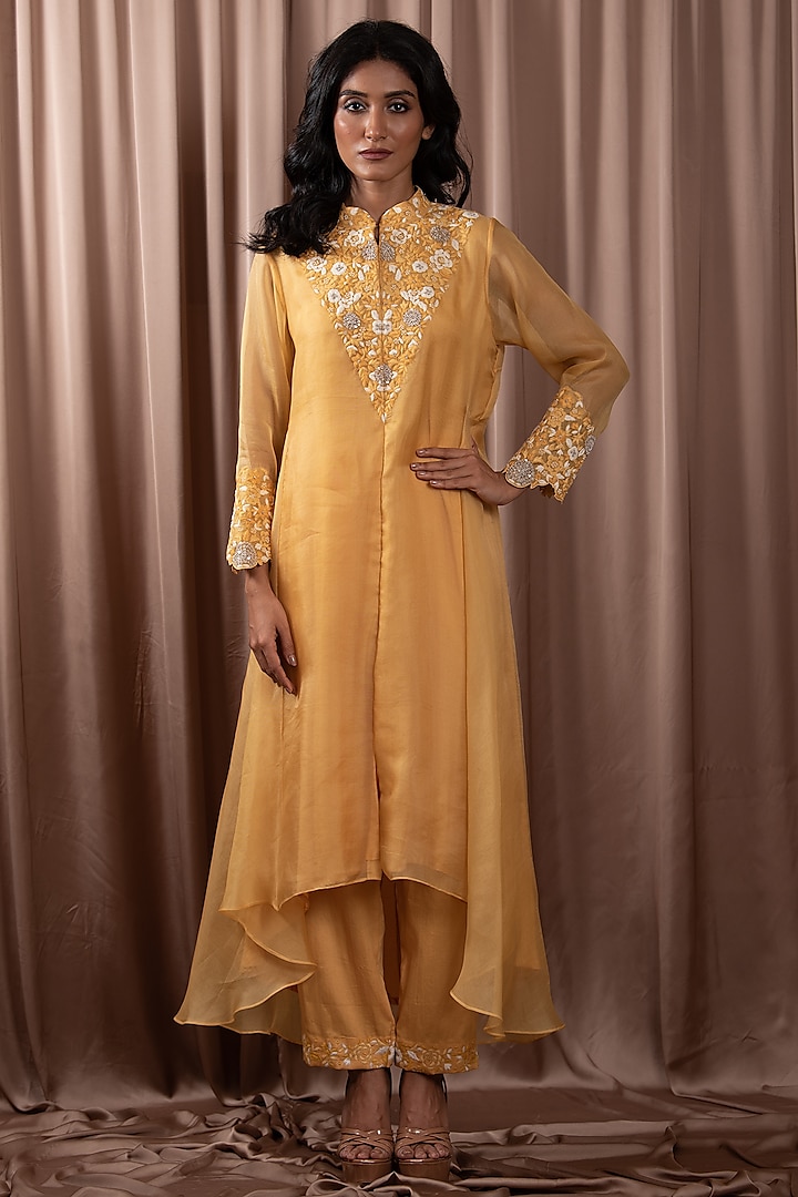 Yellow Organza Hand Embroidered Tunic Set by Vara By Vibha & Priti at Pernia's Pop Up Shop