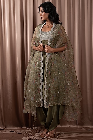 Green Silk & Organza Printed Cape Set by Vara By Vibha & Priti