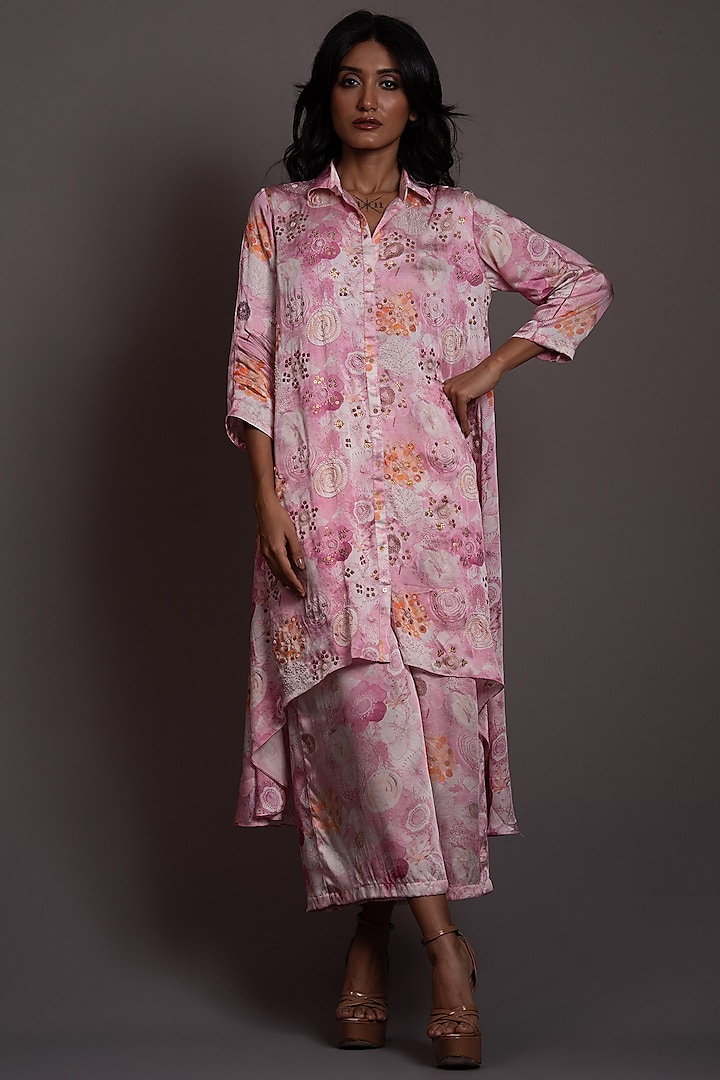 Pink Satin Modal Printed & Hand Embroidered Co-Ord Set by Vara By Vibha & Priti at Pernia's Pop Up Shop