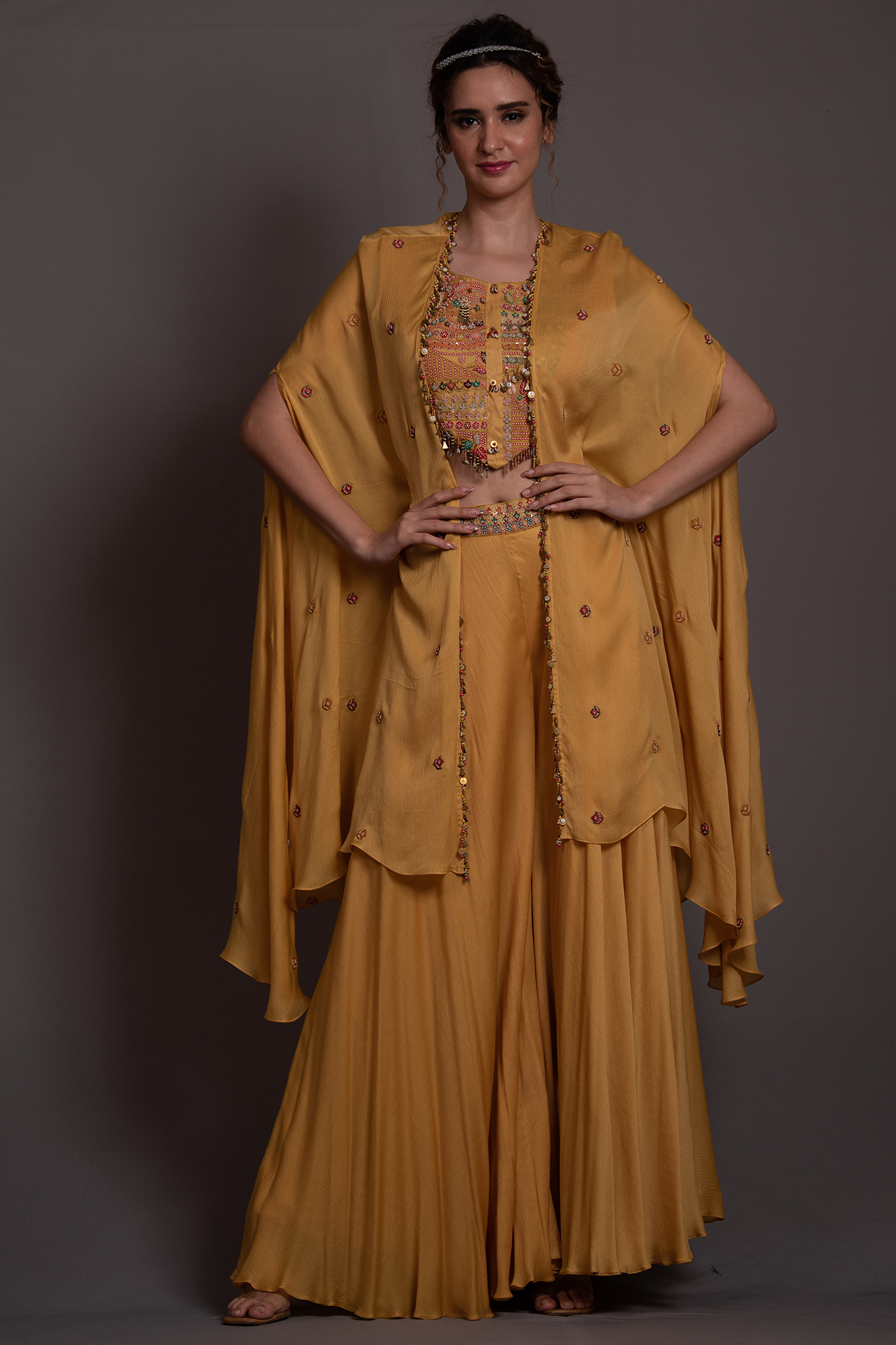 Yellow Satin Chiffon Wedding Sharara Set by Vara By Vibha & Priti at Pernia's Pop Up Shop