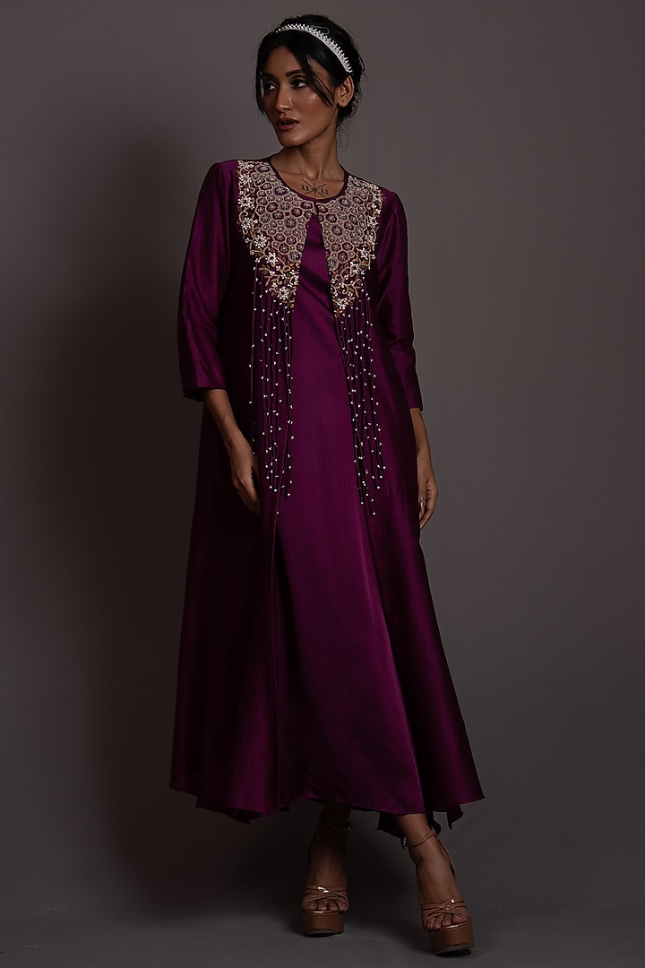 Purple Silk Chanderi Hand Embroidered Tunic With Inner by Vara By Vibha & Priti