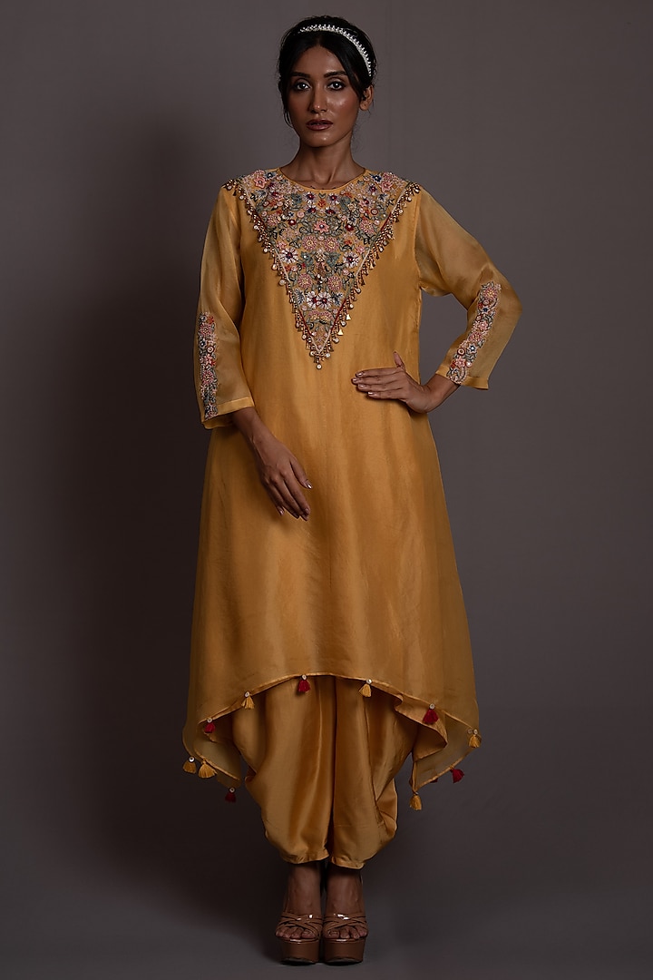 Yellow Satin Modal & Organza Hand Embroidered Tunic Set by Vara By Vibha & Priti at Pernia's Pop Up Shop