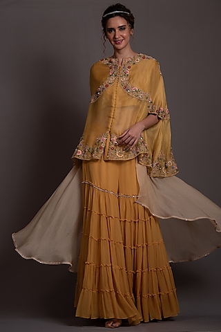 Yellow Chiffon & Organza Sharara Set by Vara By Vibha & Priti