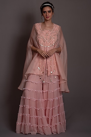 Pink Organza & Chiffon Sharara Set by Vara By Vibha & Priti