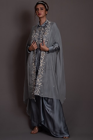Grey Silk Organza & Silk Chanderi Hand Embroidered Cape Set by Vara By Vibha & Priti