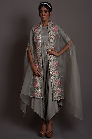 Green Organza & Silk Jumpsuit With Jacket by Vara By Vibha & Priti