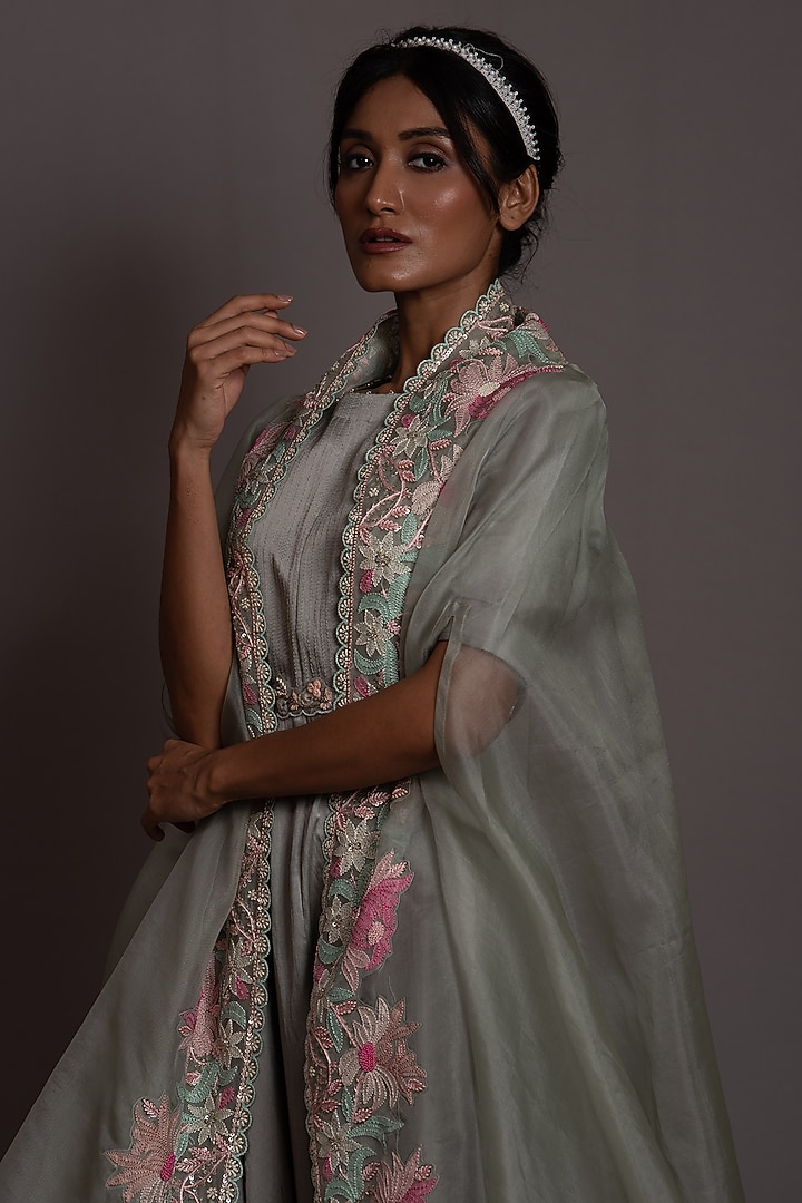 Green Organza & Silk Jumpsuit With Jacket by Vara By Vibha & Priti at Pernia's Pop Up Shop