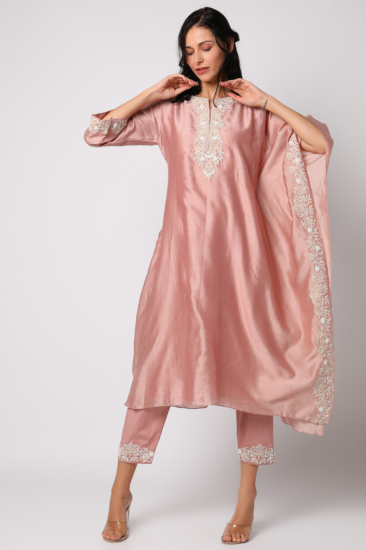 Pink Tunic Set With Moti Work by Vara By Vibha & Priti at Pernia's Pop Up Shop
