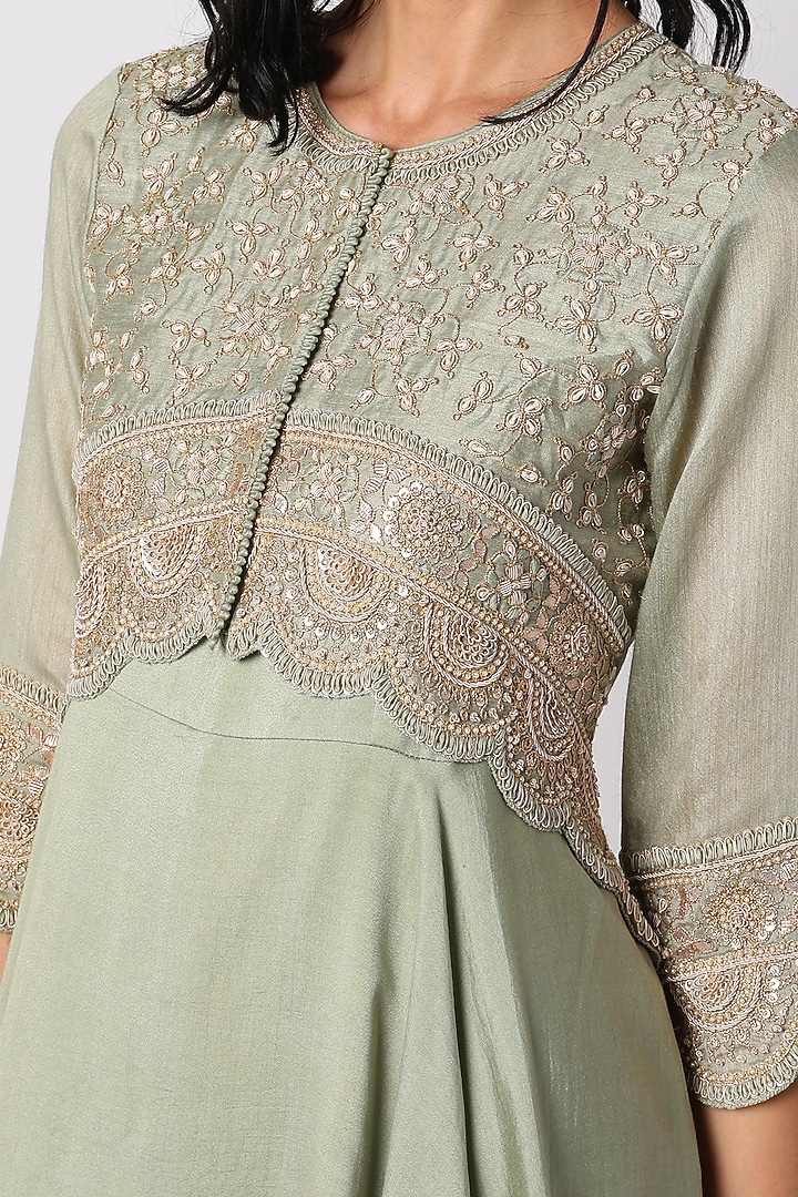 Green Hand Embroidered Party Wear Anarkali by Vara By Vibha & Priti at Pernia's Pop Up Shop