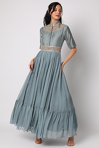 Earthen Blue Hand Embroidered Gown by Vara By Vibha & Priti