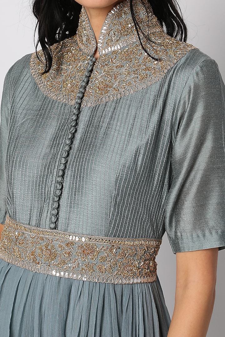 Earthen Blue Hand Embroidered Party Wear Gown by Vara By Vibha & Priti at Pernia's Pop Up Shop