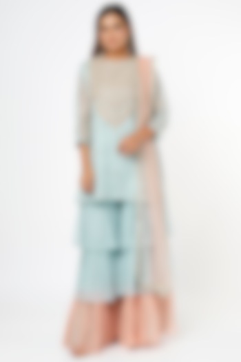 Powder Blue Chiffon Layered Wedding Sharara Pant Set by Vara By Vibha & Priti at Pernia's Pop Up Shop