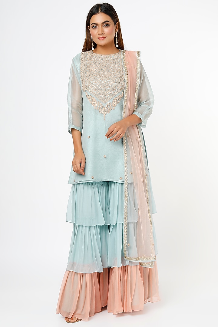 Powder Blue Chiffon Layered Wedding Sharara Pant Set by Vara By Vibha & Priti at Pernia's Pop Up Shop