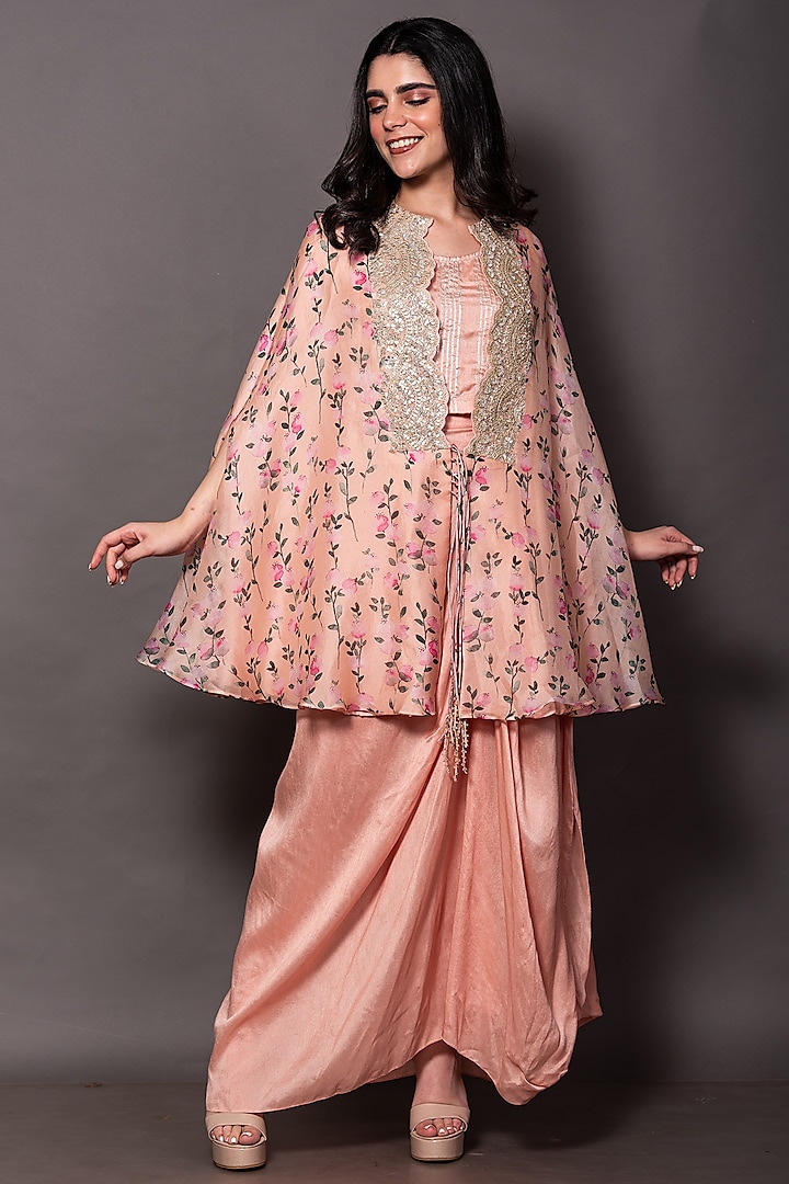 Peach Organza & Silk Draped Skirt Set by Vara By Vibha & Priti