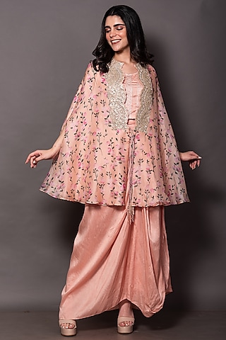 Peach Organza & Silk Draped Skirt Set by Vara By Vibha & Priti