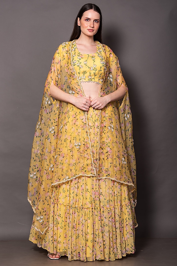 Yellow Chiffon Floral Skirt Set by Vara By Vibha & Priti