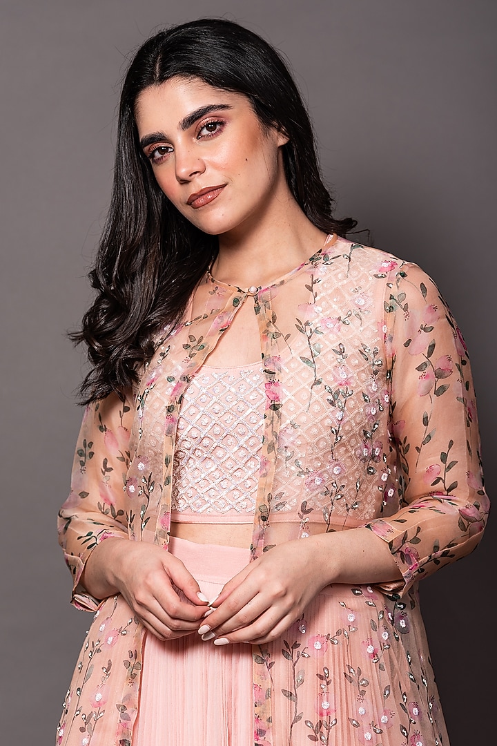 Peach Chiffon Pleated Skirt Set by Vara By Vibha & Priti at Pernia's Pop Up Shop