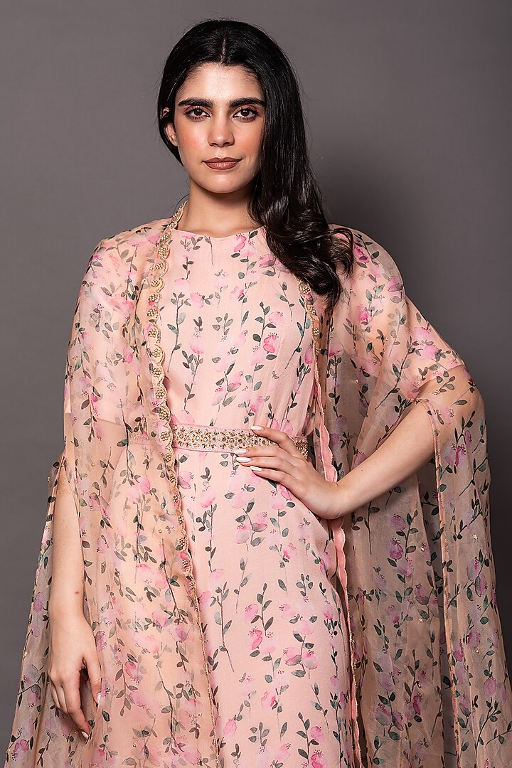 Pink Chiffon & Organza Jumpsuit With Cape by Vara By Vibha & Priti at Pernia's Pop Up Shop