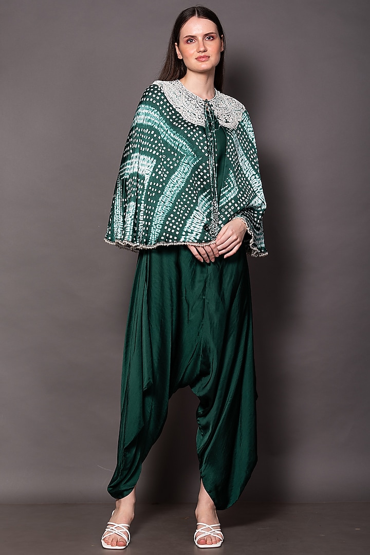 Green Linen Satin & Silk Jumpsuit With Cape by Vara By Vibha & Priti