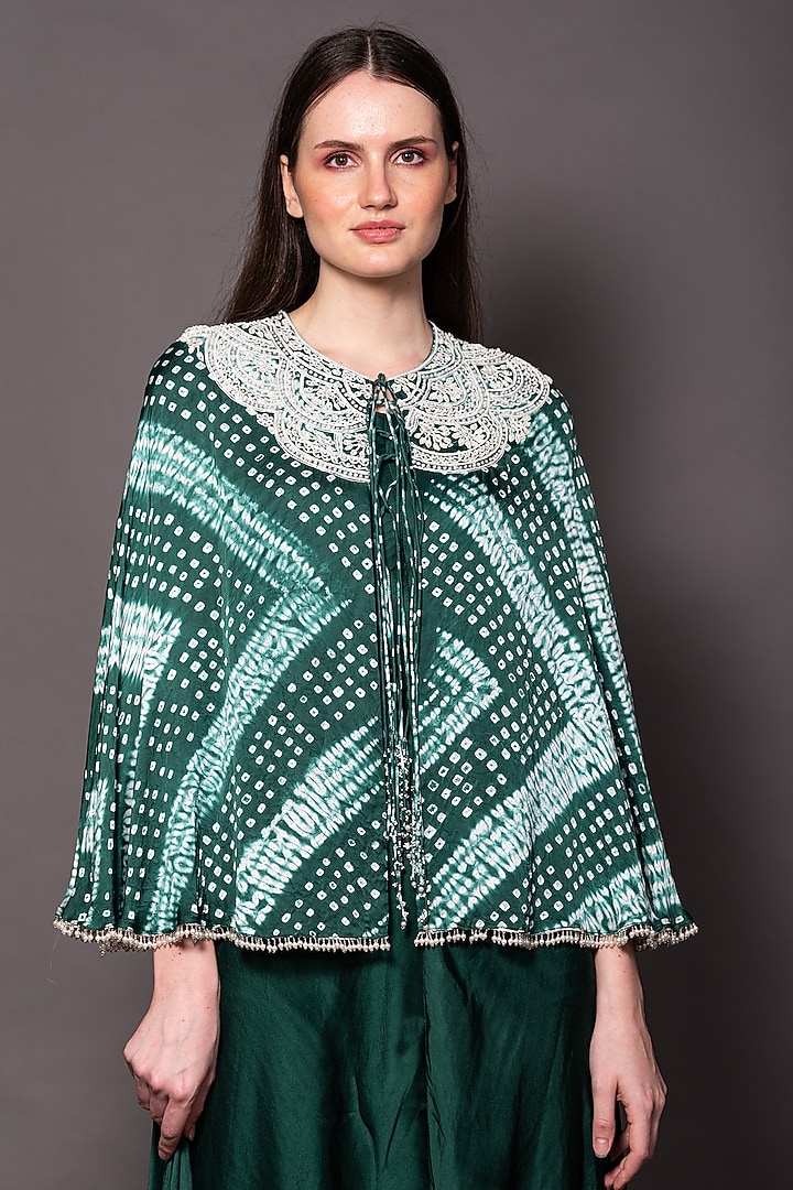 Green Linen Satin & Silk Jumpsuit With Cape by Vara By Vibha & Priti at Pernia's Pop Up Shop