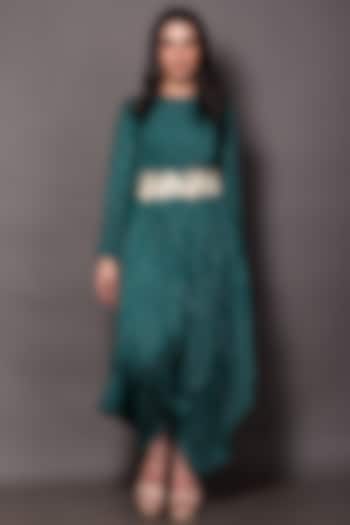 Green Silk Chanderi Cowl Jumpsuit by Vara By Vibha & Priti