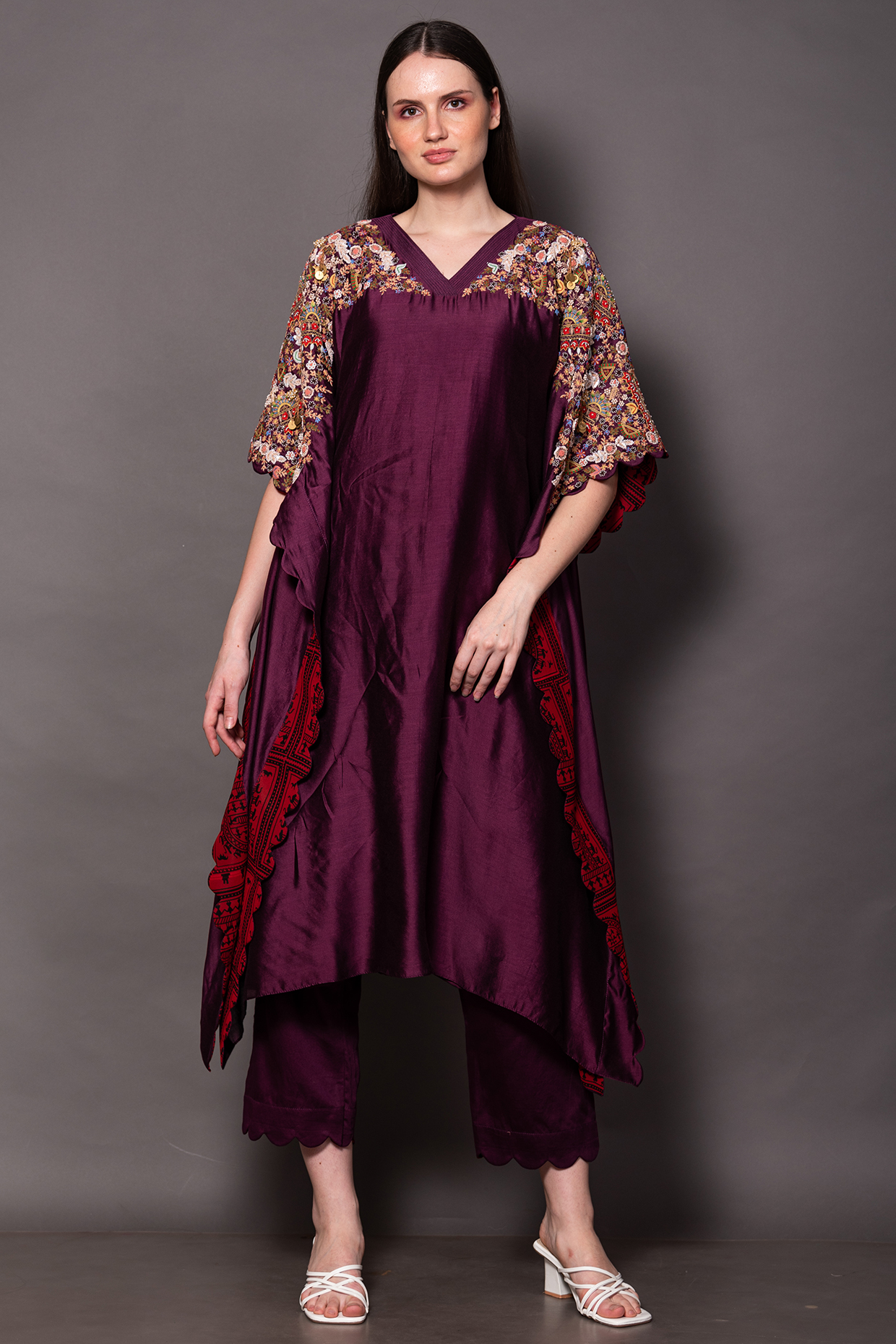 Purple Silk Chanderi Kaftan Tunic Set by Vara By Vibha & Priti at Pernia's Pop Up Shop