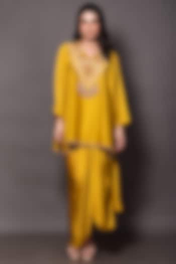 Mustard Silk Chanderi & Modal Draped Skirt Set by Vara By Vibha & Priti