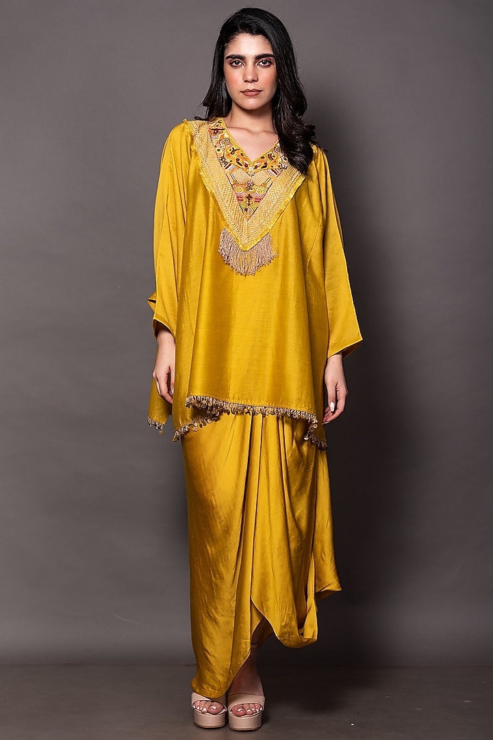 Mustard Silk Chanderi & Modal Draped Skirt Set by Vara By Vibha & Priti