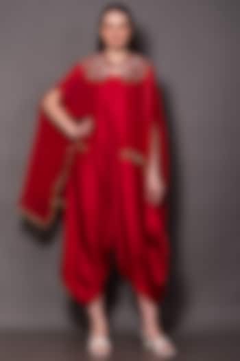 Red Linen satin Jumpsuit With Cape by Vara By Vibha & Priti