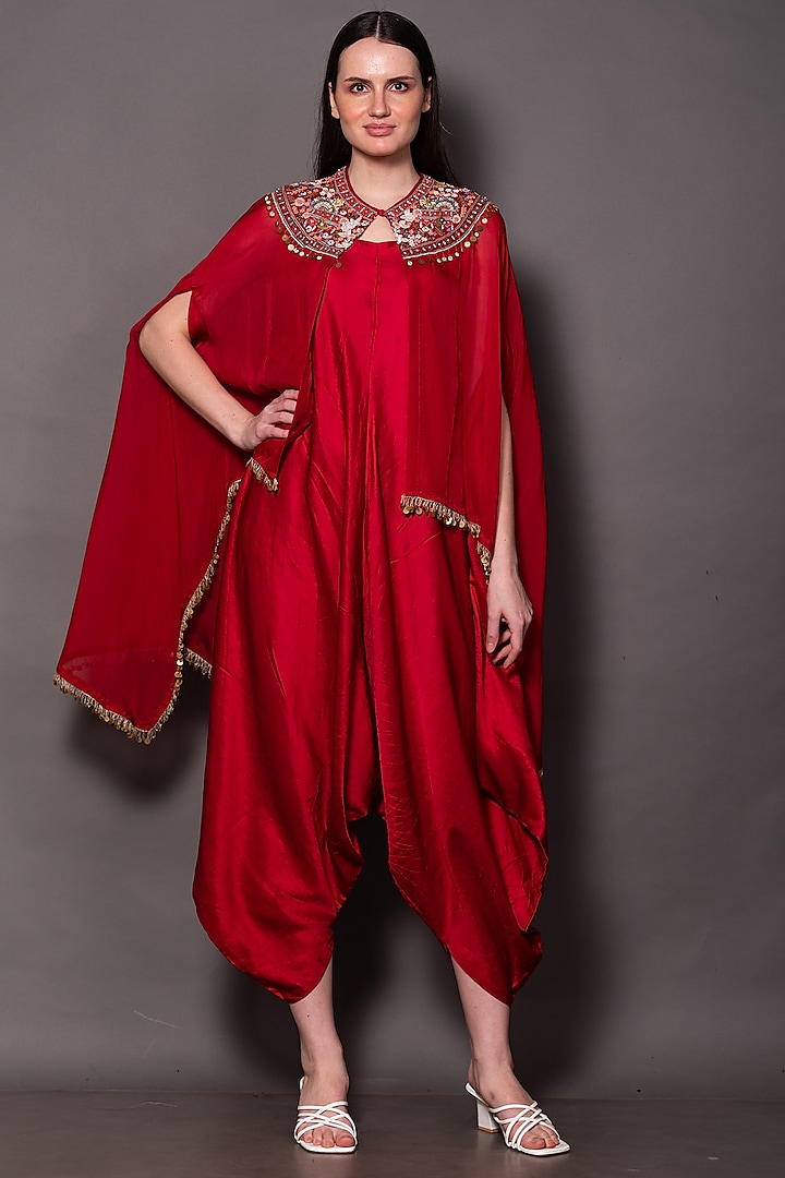 Red Linen satin Jumpsuit With Cape by Vara By Vibha & Priti