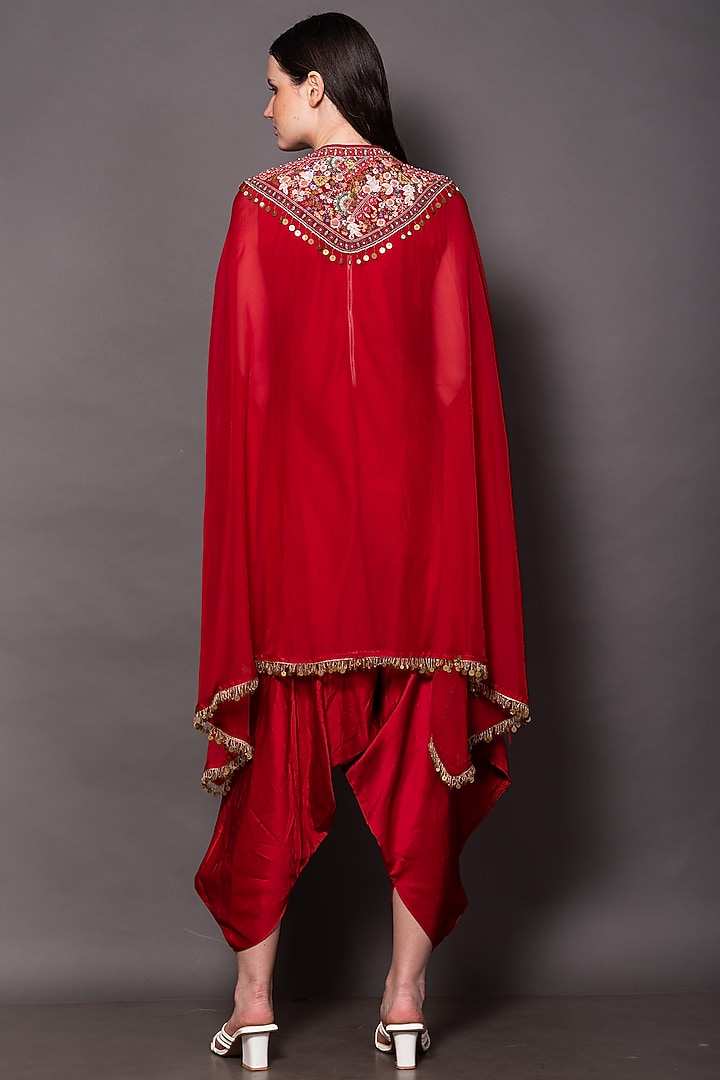 Red Linen satin Jumpsuit With Cape by Vara By Vibha & Priti at Pernia's Pop Up Shop