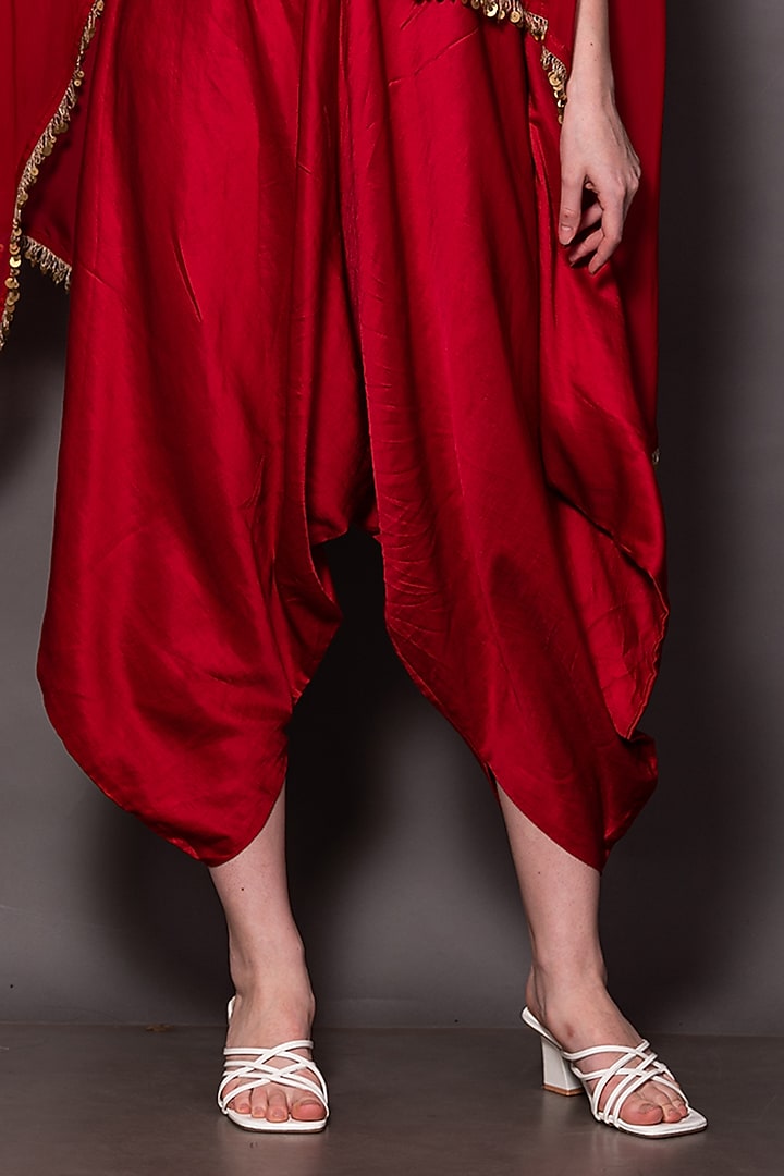 Red Linen satin Jumpsuit With Cape by Vara By Vibha & Priti at Pernia's Pop Up Shop