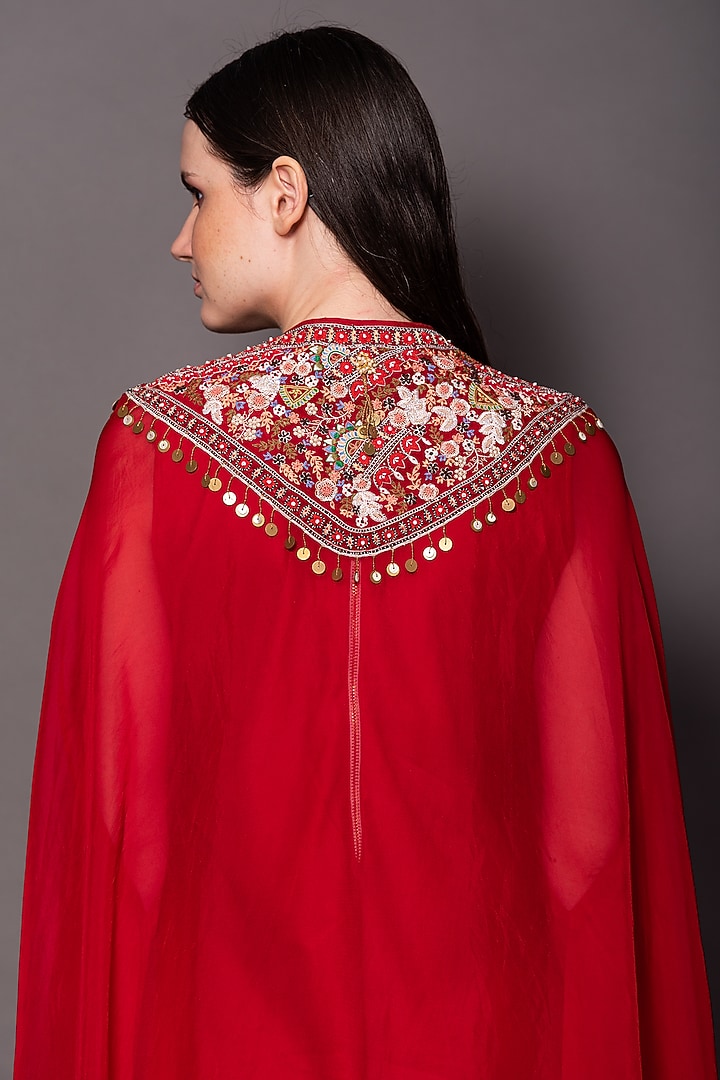 Red Linen satin Jumpsuit With Cape by Vara By Vibha & Priti at Pernia's Pop Up Shop