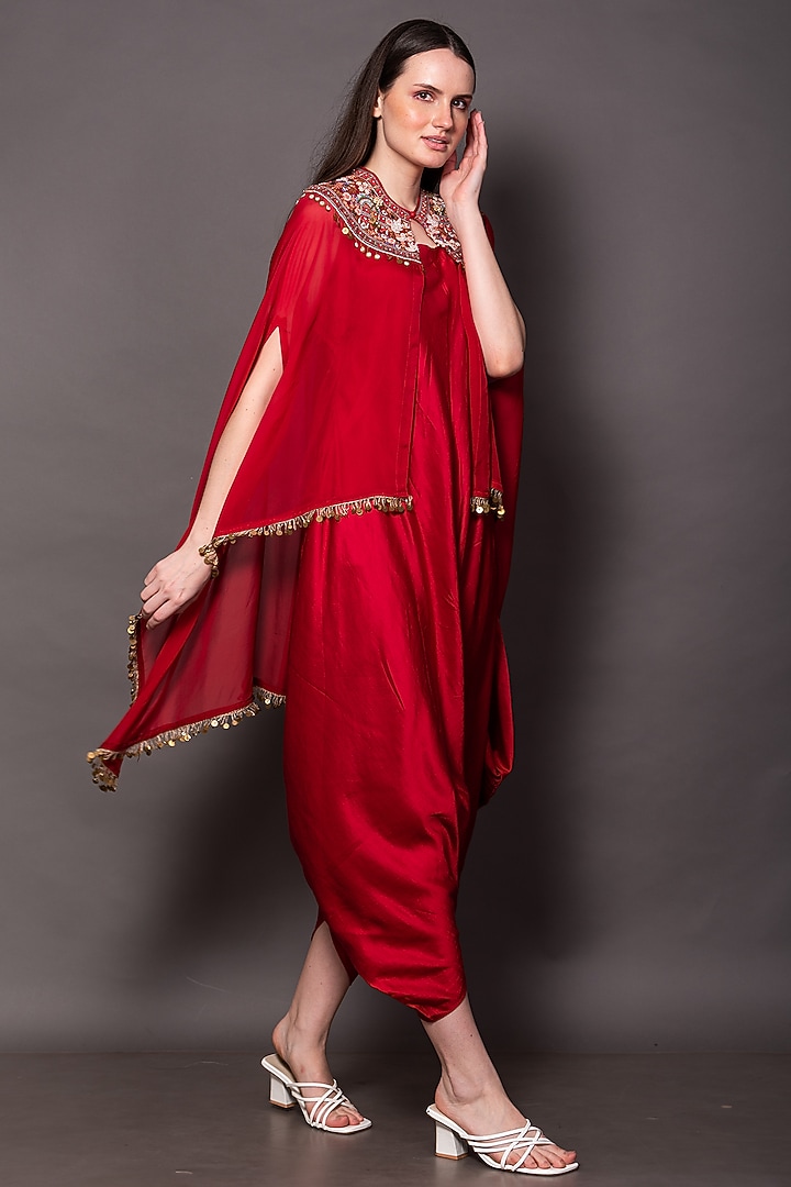 Red Linen satin Jumpsuit With Cape by Vara By Vibha & Priti at Pernia's Pop Up Shop