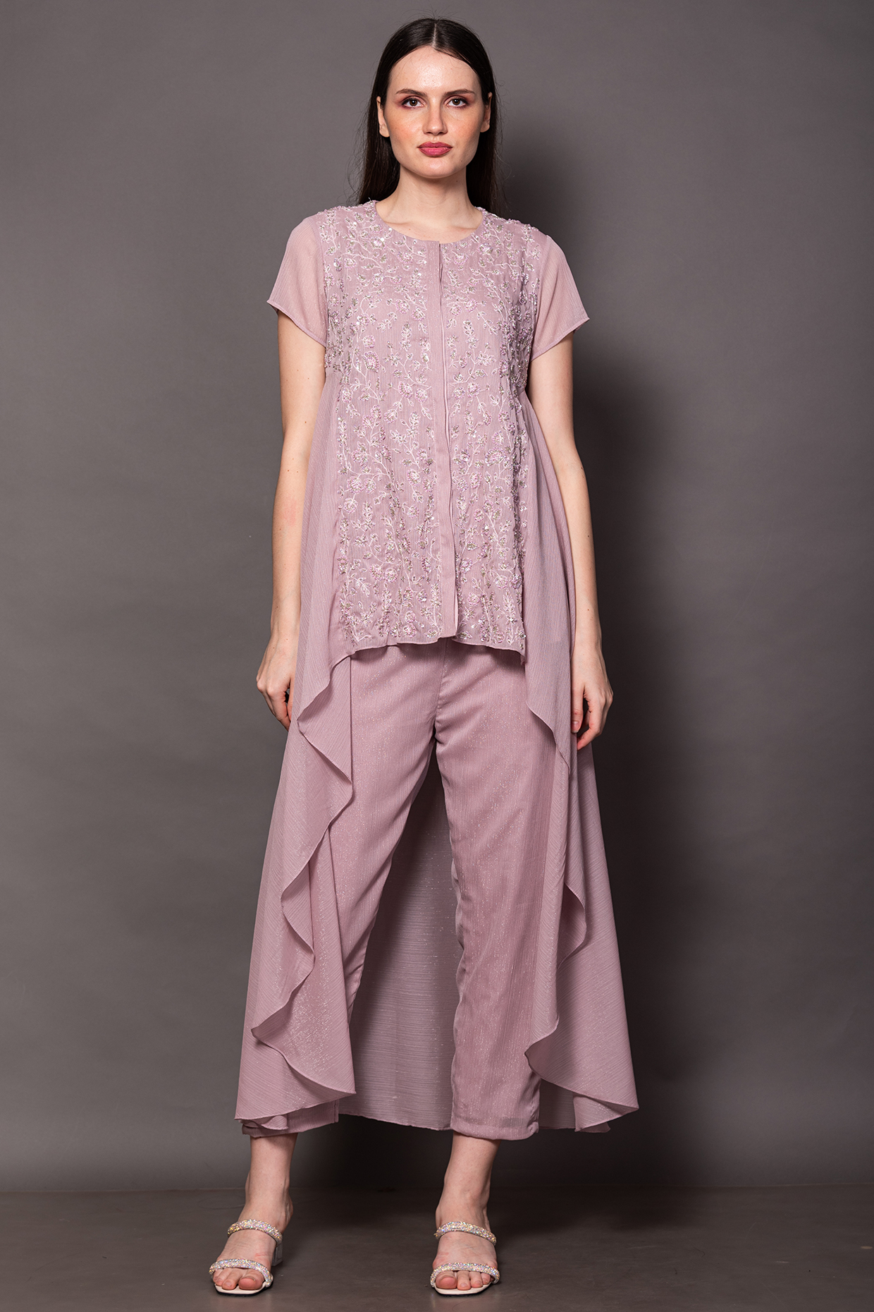 Lilac Metallic Georgette Tunic Set by Vara By Vibha & Priti at Pernia's Pop Up Shop