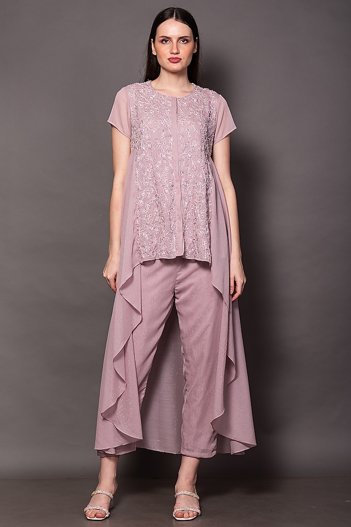 Lilac Metallic Georgette Tunic Set by Vara By Vibha & Priti at Pernia's Pop Up Shop
