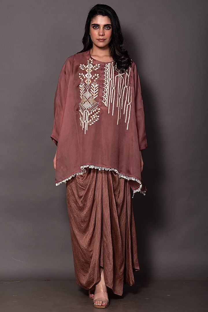 Light Brown Organza & Modal Draped Skirt Set by Vara By Vibha & Priti at Pernia's Pop Up Shop