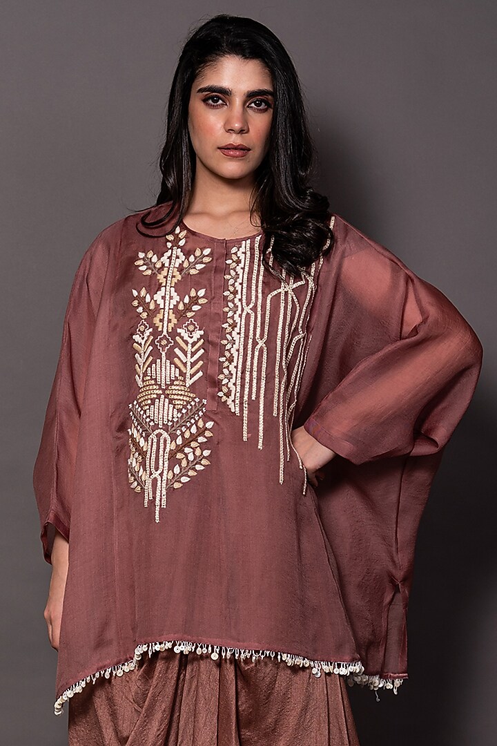 Light Brown Organza & Modal Draped Skirt Set by Vara By Vibha & Priti at Pernia's Pop Up Shop