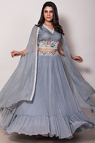 Grey Chiffon Pleated Skirt Set by Vara By Vibha & Priti