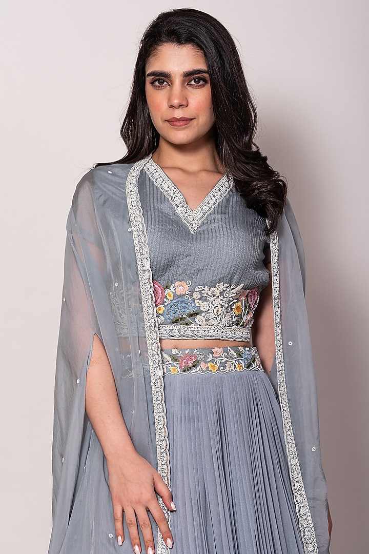 Grey Chiffon Pleated Skirt Set by Vara By Vibha & Priti at Pernia's Pop Up Shop