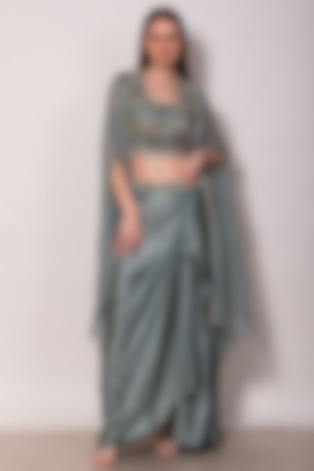 Blue Satin Modal Draped Skirt Set by Vara By Vibha & Priti
