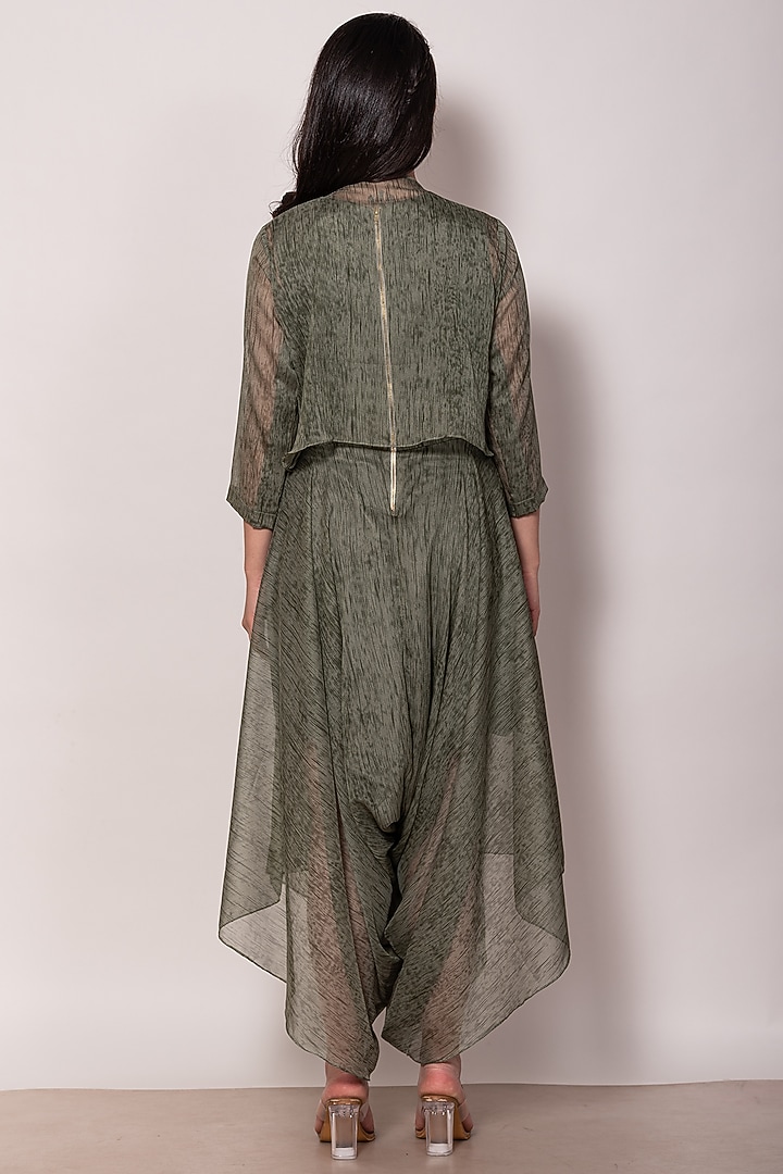 Green Woven Chiffon Jumpsuit With Jacket by Vara By Vibha Priti