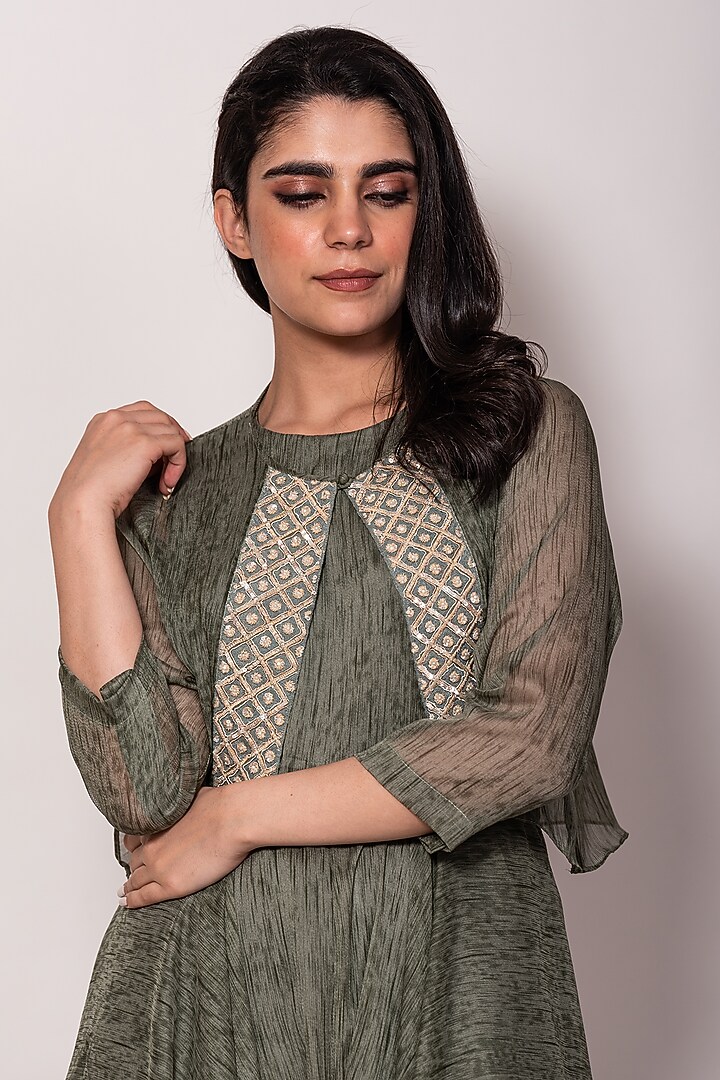 Green Woven Chiffon Jumpsuit With Jacket by Vara By Vibha & Priti at Pernia's Pop Up Shop
