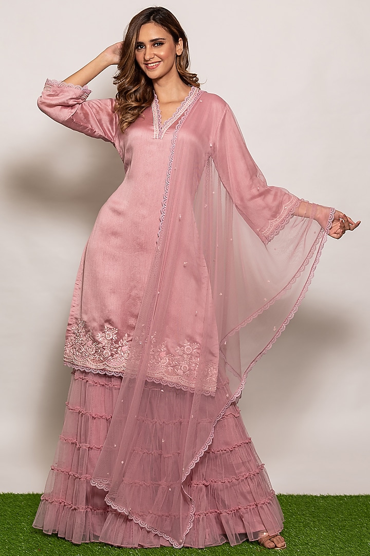 Lilac Munga Silk Party Wear Sharara Set by Vara By Vibha & Priti at Pernia's Pop Up Shop