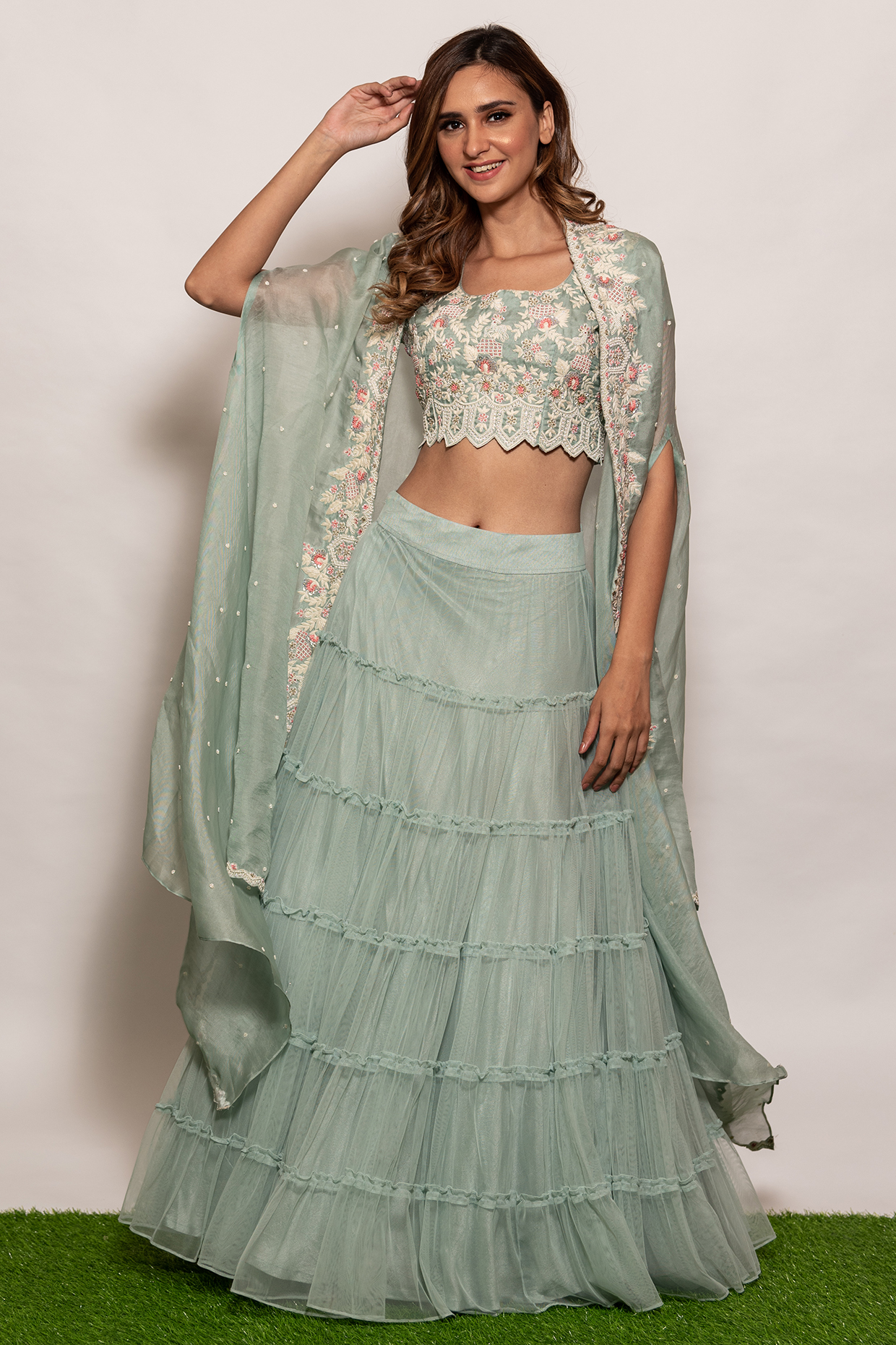 Powder Blue Organza & Net Lehenga Set by Vara By Vibha & Priti